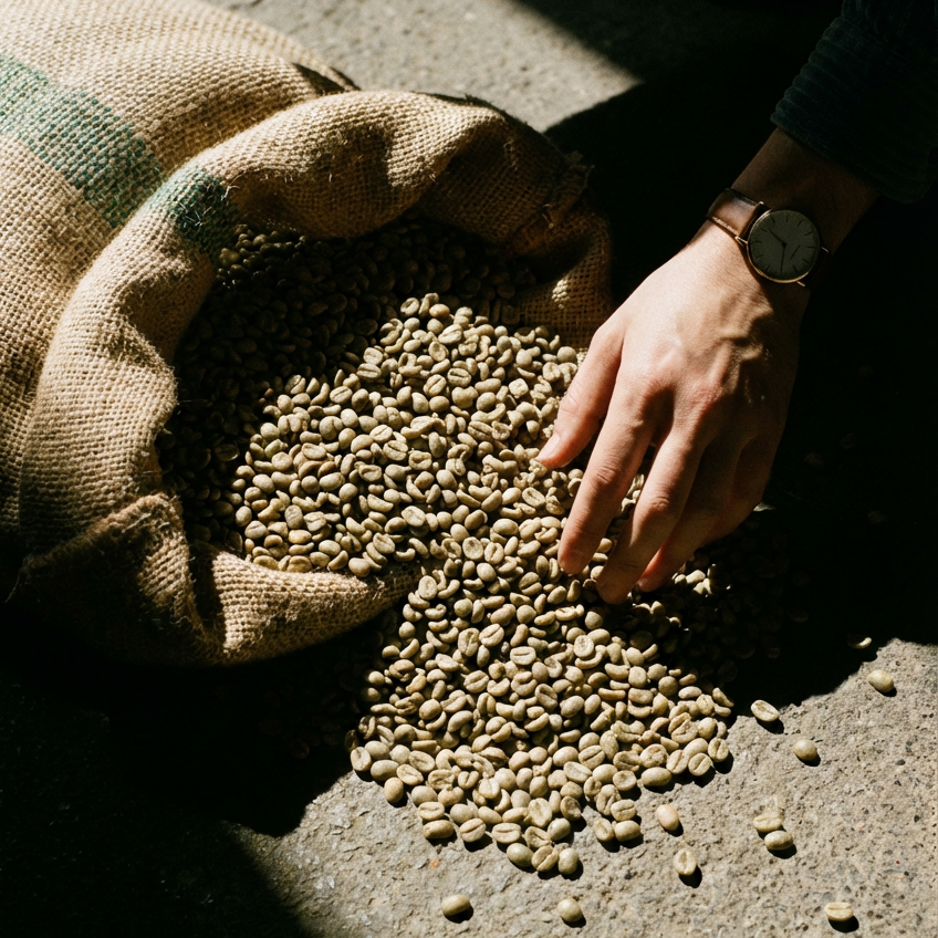 A hand wearing a leather-strapped watch reaches into an open burlap sack, scooping up unroasted green coffee beans that spill onto a concrete floor in warm sunlight.