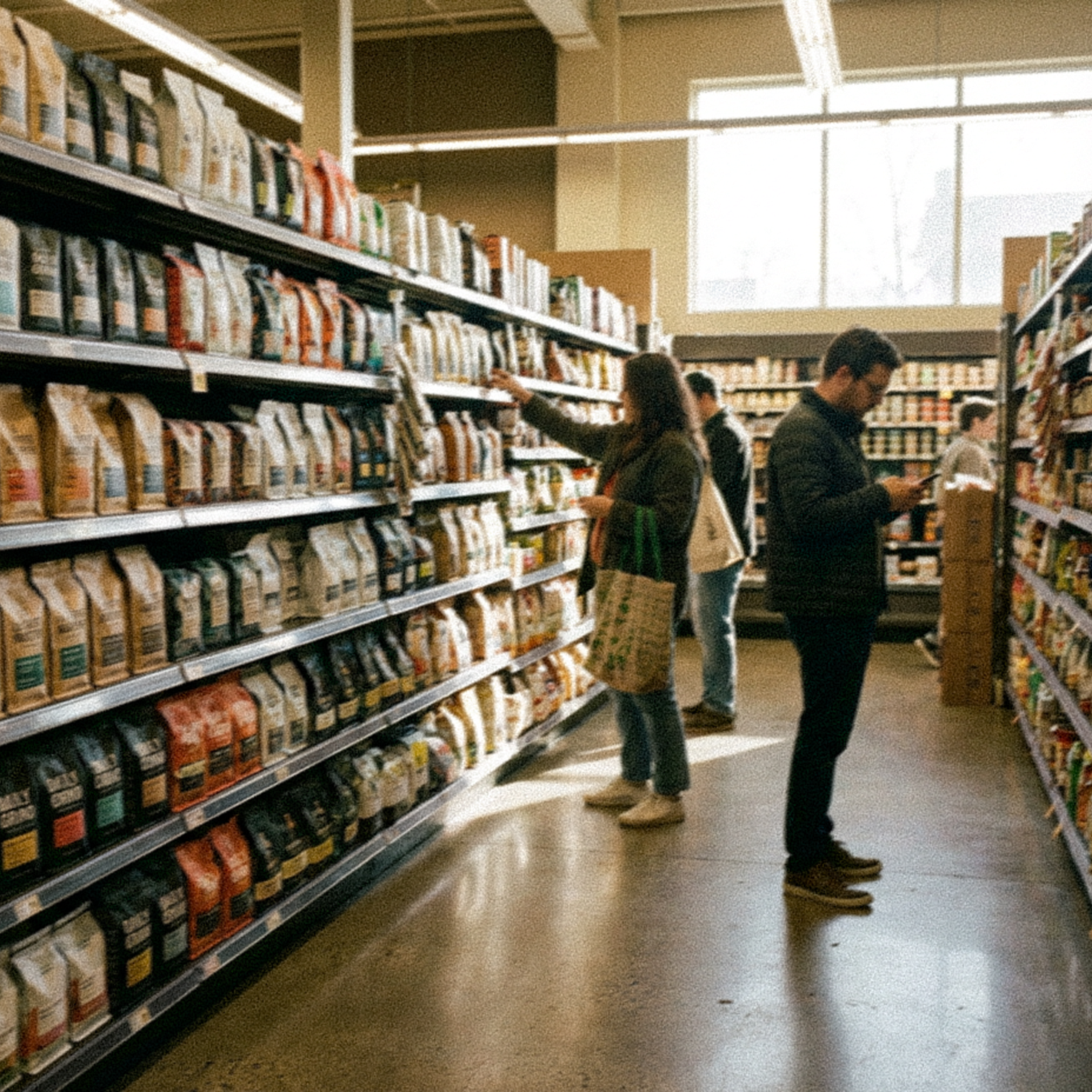Shoppers browse a long grocery store aisle lined with bags of coffee on tall shelves, with soft daylight coming through a back window.